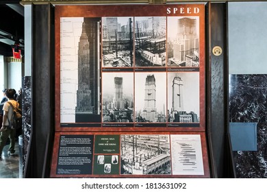 New York, USA; June 21, 2017: Poster With Photographs Of The Construction Of The Empire State Building, Located Inside As Information For Tourists.