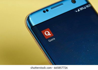 New york, USA - June 23, 2017: Quora application icon on smartphone screen close-up. Quora app icon with copy space on screen
