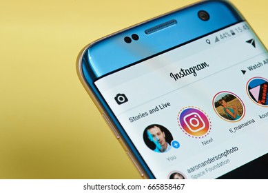 New york, USA - June 23, 2017: Instagram application menu on smartphone screen close-up. Using Instagram app