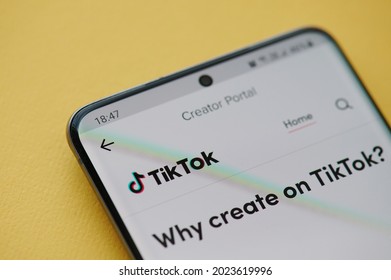 New York, USA - June 24 2021: Reading Creator Portal Of TikTok App On Smartphone Screen Close Up