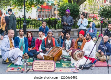 NEW YORK, USA - JUNE 3, 2018: Hare Krishna Followers Playing Music In Union Square. Manhattan Street Scene. Union Square Park