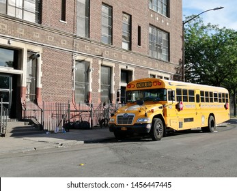 New York, USA - June 5th 2019: Jewish Hasidic School Bus In Williamsburg