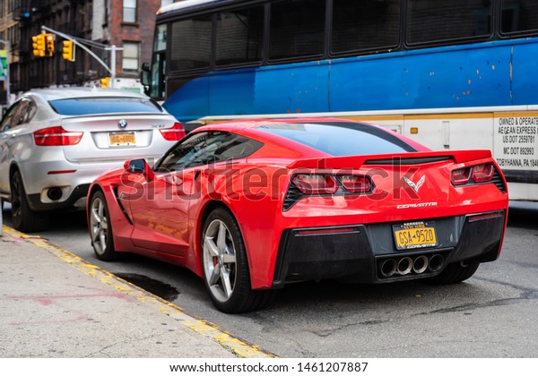 New York, USA - June 6, 2019:  Sports car on\
the edge of the street in\
Manhattan.