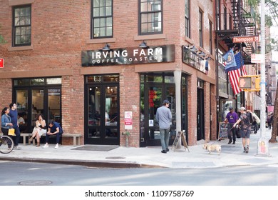 New York, New York, USA - June 7, 2018: An Irving Farm Coffee Roaster Store Or Cafe In Greenwich Village. People Can Be Seen.