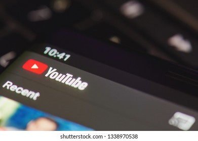 New York, USA - March 14, 2019: Youtube App Menu With Recent Videos On Smartphone Screen
