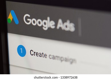 New york, USA - march 14, 2019: Create google ads campaign  on laptop screen close up