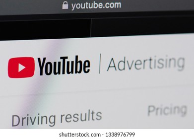 New York, USA - March 14, 2019: Youtube Advertising Service On Laptop Screen Close Up View