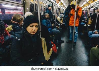 New York, Usa - March 18 2017: Passengers Riding In The NYC Subway In The Rush Hour.