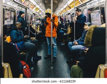 New York, Usa - March 18 2017: Passengers riding in the NYC Subway in the rush hour.