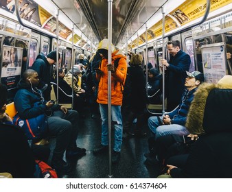 New York, Usa - March 18 2017: Passengers Riding In The NYC Subway In The Rush Hour.