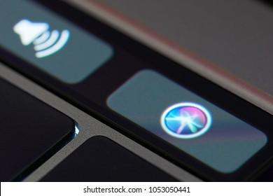 New York, USA - March 23, 2018: Siri Assistant Icon On Touch Bar Of Macbook Latop Close Up