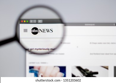 New York, USA - March 26, 2019: News Media ABC News Website Homepage. ABC News Logo Visible  Through A Magnifying Glass.