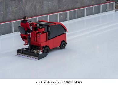 NEW YORK, USA - MARCH 4, 2018: Ice Preparation At The Outdoor Public Rink. The Resurface Machine For Ice Skating In Midtown Manhattan