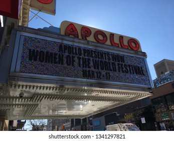 New York, New York - USA / March 5, 2019. Harlem’s Fame Apollo Theater Hosting Women Of The World Festival, As Pictured On The Marquee.