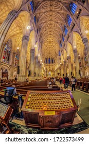 NEW YORK, USA - MARCH 6, 2020: Interior Of Saint Patrick Cathedral Decorated In Neo-gothic Catholic Style And Erected In 1879.The Seat Of The Archbishop Of The Roman Catholic Archdiocese Of New York. 