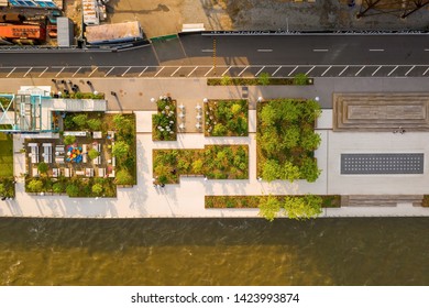 New York, USA. May 01. 2019. Domino Park in Brooklyn, Williamsburg, Old sugar factory. Aerial view.