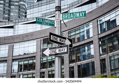 NEW YORK, USA - May 01, 2016: Street signs for Broadway and Columbus Circle, Manhattan, NYC