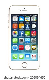 New York, USA - May 08, 2014: Studio Shot Of A White IPhone 5s Showing The Home Screen With IOS7. Isolated On White.