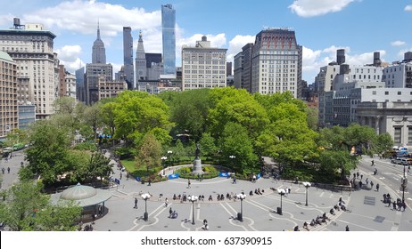 New York, USA - May 09, 2017 - Union Square Park With New York Skyline And People