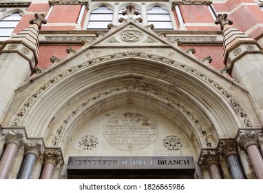 NEW YORK, USA - MAY 10, 2019: Ornate Entrance To The Former Jefferson Market Courthouse, Now A New York Public Library In Greenwich Village On May 10, 2019.