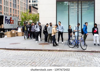 New York / USA - May 11 2019: People Staying In Line To Apply For Sneakers Raffle