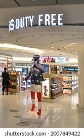 NEW YORK, USA - MAY 13, 2019: John F. Kennedy International Airport, Terminal 8. Shop with chocolates, sweets, alcohol and souvenirs