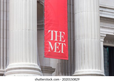 NEW YORK, USA - MAY 15, 2019: Parts Of The Exterior Facade Of The Metropolitan Museum With The Met Sign And Logo Of Art In New York City, USA