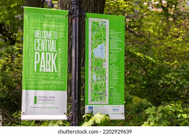 New York, USA - May 15, 2019: Central Park New York Map At The Entrance Of The Park