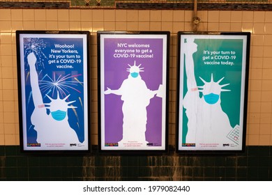 New York, New York USA - May 20 2021: New York City Covid 19 Vaccination Encouragement Signs Along A Subway Platform In Chinatown