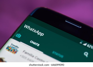 New York, USA - May 22, 2017: Whatsapp App Icon On Phone Close-up. Chat On Whatsapp