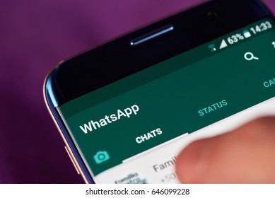 New York, USA - May 22, 2017: Whatsapp App Menu  On Modern Smartphone Macro. Man Using Whatsapp Application