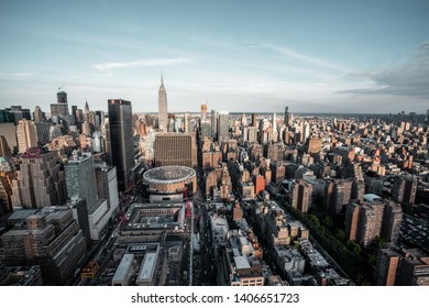 New York / USA - May 23 2019: view from top on Madison Square Garden and Empire State Building
