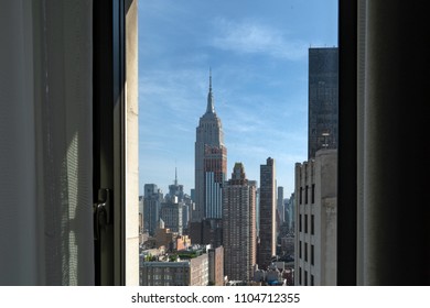 NEW YORK, USA - MAY 27 2018 - Manhattan Skyline View From Hotel Room. Luxury Hotels Very Expensive