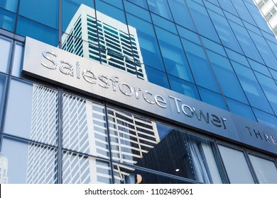 New York, New York, USA - May 30, 2018: Signage on the Salesforce Tower at 6th Avenue.