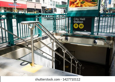 New York / USA - May 30 2019: Entrance To New York Subway City Hall