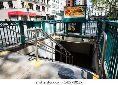 New York / USA - May 30 2019: Entrance To New York Subway City Hall