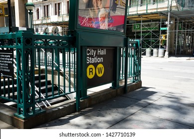 New York / USA - May 30 2019: Entrance To New York Subway City Hall