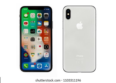New York, USA- May 30,2018 Front and rear view of iPhone X, This is the newest product of Apple with 5.8 inch display. Unlocking of the phone is possible only detection of the owner's face. - Shutterstock ID 1103311196