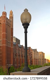 NEW YORK, USA - MAY 7, 2019: Lantern On Background Of Russell Hall, Teachers College, Columbia University. New York City, US