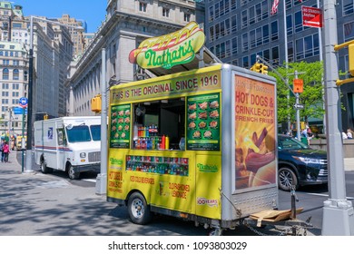 New York, USA - May 9, 2018 : Nathan's Hot Dog Cart In Lower Manhattan, NYC