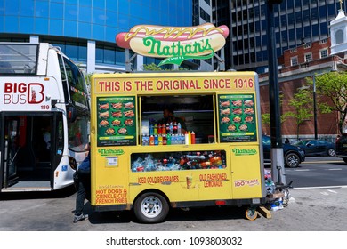 New York, USA - May 9, 2018 : Nathan's Hot Dog Cart In Lower Manhattan, NYC