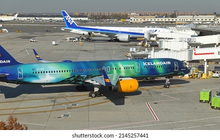 NEW YORK, USA - NOV 18, 2021: John F. Kennedy International Airport. TF-FIU (Hekla Aurora), Icelandair Boeing 757-200 in special livery depicting aurora borealis, or northern lights. New York City
