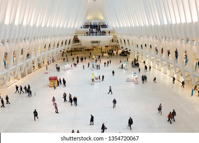 NEW YORK, USA - NOV 5, 2018: THE OCULUS. The Oculus Transportation Hub At New World Trade Center NYC Subway Station. Oculus, The Main Station House Interior View.