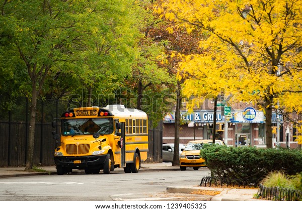 NEW YORK - USA - NOVEMBER 1 2017. NEW YORK - USA -\
NOVEMBER 1 2017. A school bus on the streets of the Bronx, New York\
city, USA. The Bronx is the northernmost of the five boroughs of\
New York City.