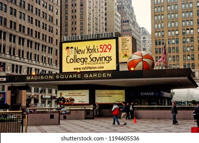 New York, USA - November 13, 2008: Entrance Marquee Of Madison Square Garden Arena, With Billboards And Grey Buildings In Midtown Manhattan On Cityscape Background. Entertainment And Landmark