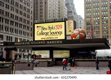 New York, USA - November 13, 2008: Entrance Marquee Of Madison Square Garden Arena, With Billboards And Grey Buildings In Midtown Manhattan On Cityscape Background. Entertainment And Landmark