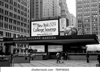 New York, USA - November 13, 2008: Entrance Marquee Of Madison Square Garden Arena, With Billboards And Grey Buildings In Midtown Manhattan On Cityscape Background. Entertainment And Landmark