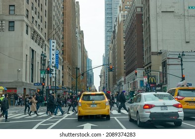 New York, USA - November 18, 2018: Yellow NYC Taxi Cab On The Street In New York City