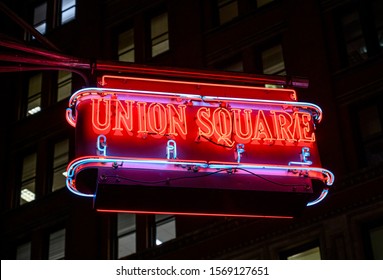 New York, New York, USA - November 21, 2019: Neon Union Square Cafe Sign At Night In New York City.