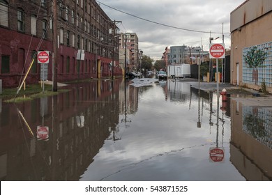 New York, USA - November Circa 2012: New York After Sandy The Hurricane. Flooded Street.